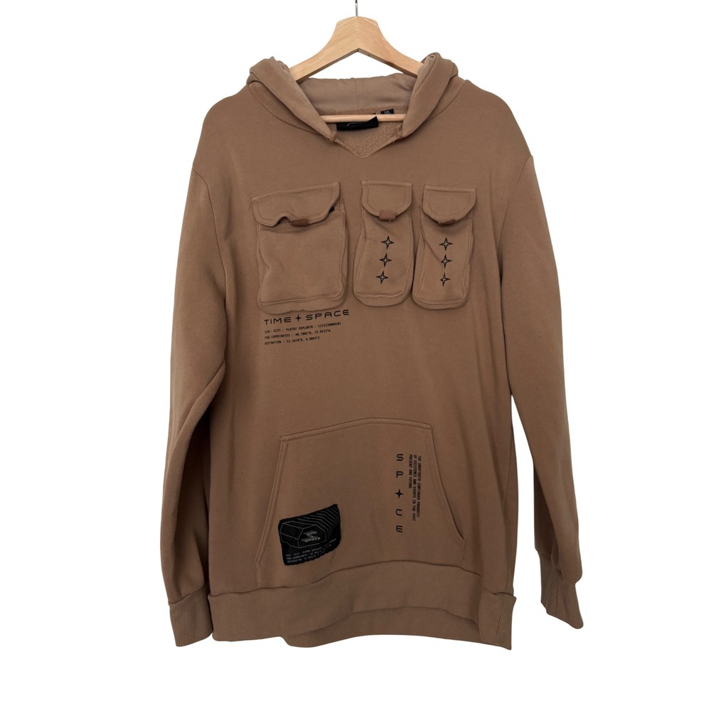 Time + Space Mens XL Utility Hoodie Tan Brown Multi Pocket Tactical Streetwear